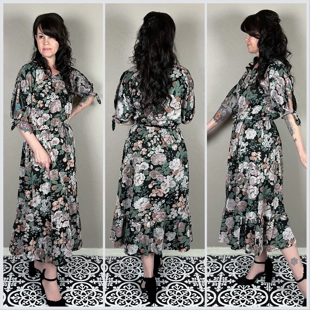 Vintage 1970s Homemade Black Floral Split Sleeve Midi Dress - Picture 3 of 7
